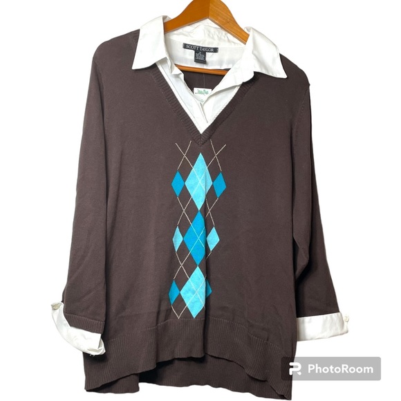 NWT Scott Taylor Woman's Layered Blouse Sweater Brown Blue Size 1X - Picture 3 of 8